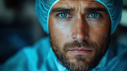 A surgeon wearing a medical mask thinks with a stressed expression, representing healthcare anxieties, patient concerns, and trust in doctors during critical operations.