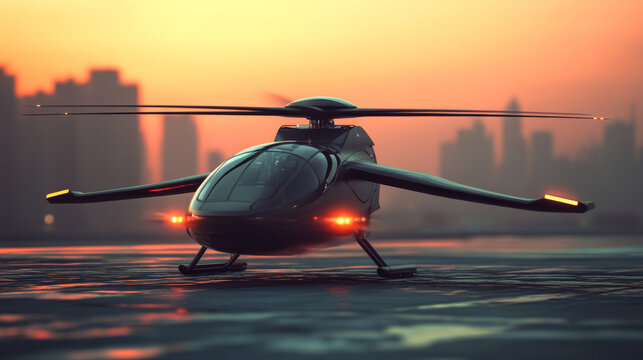 Futuristic VTOL Aircraft Landing at Sunset: 3D Rendering