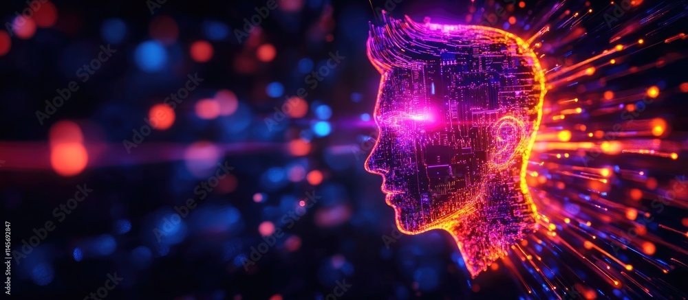 Poster digital silhouette of a human head with vibrant technology patterns representing connectivity and in