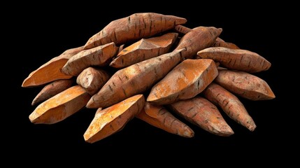 Raw sweet potatoes on black background showcasing rich orange and brown hues in a natural arrangement perfect for food-related themes