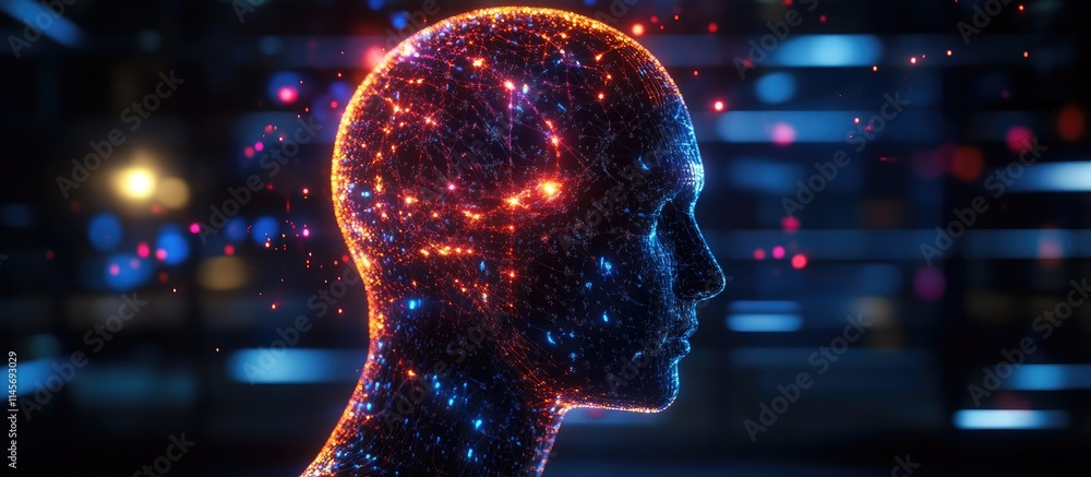 Poster innovative double exposure of a futuristic hologram depicting neural networks in a modern office env