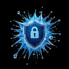 Fototapeta premium Blue Shield with Lock and Water Splash Effect, Cybersecurity and Digital Safety Concept, Futuristic Protection Illustration