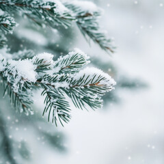 Snowy Evergreen Branch: Winter Wonderland Macro Photo
