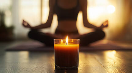 a girl in a yoga pose in the background in front of a candle burning in a brown glass atmospheric photo