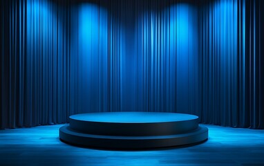 Dark blue stage with circular platform and curtains illuminated by spotlights.