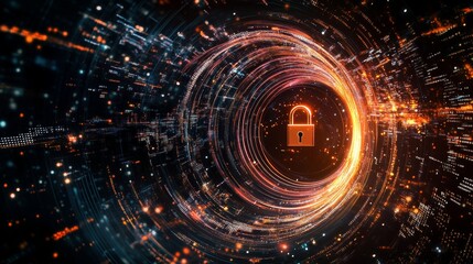 Obraz premium A glowing digital lock surrounded by streams of binary code and data points, symbolizing cybersecurity. 