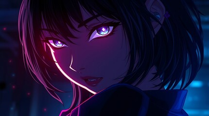 Fototapeta premium Cyberpunk Anime Girl: Glowing Eyes, Dark Night