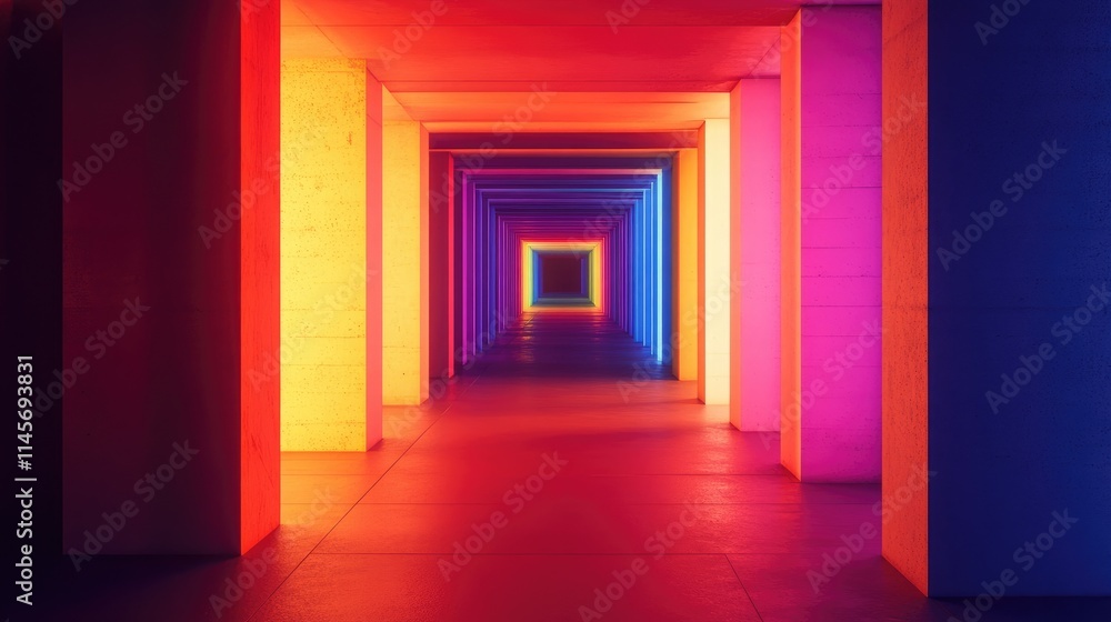 Poster vibrant illuminated construction tunnel with colorful glowing walls creating a mesmerizing visual jo