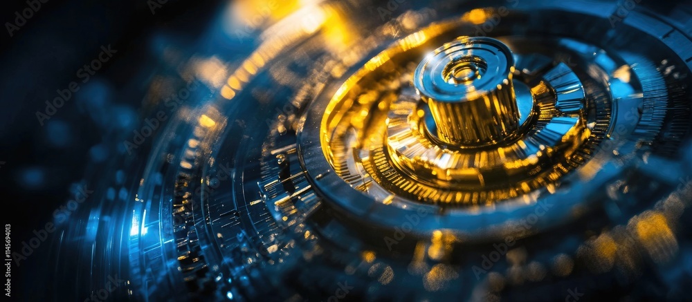 Poster close up view of a detailed mechanical setting wheel featuring intricate patterns and glowing elemen