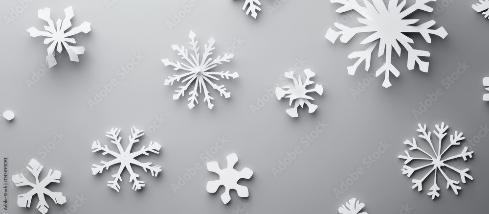 Poster aerial view of delicate paper snowflakes scattered on a smooth grey background creating a serene win