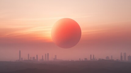 A large orange ball is floating in the sky above a city