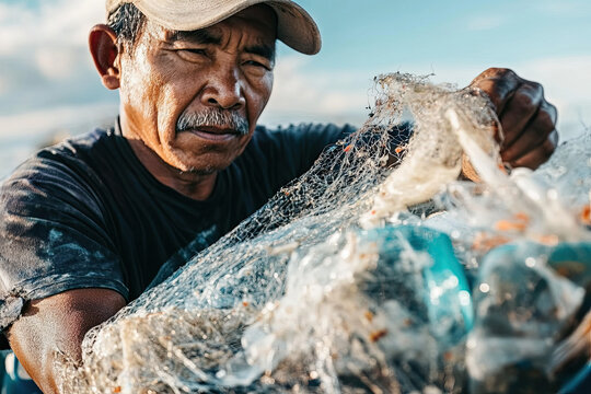 Fisherman removing plastic from the ocean, highlighting conservation efforts