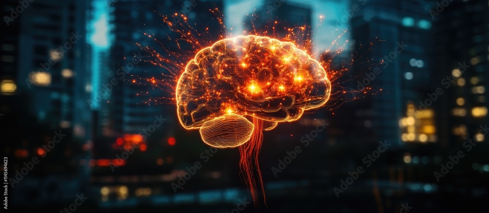 Poster double exposure of a human brain microcircuit hologram illuminated in a cityscape representing creat