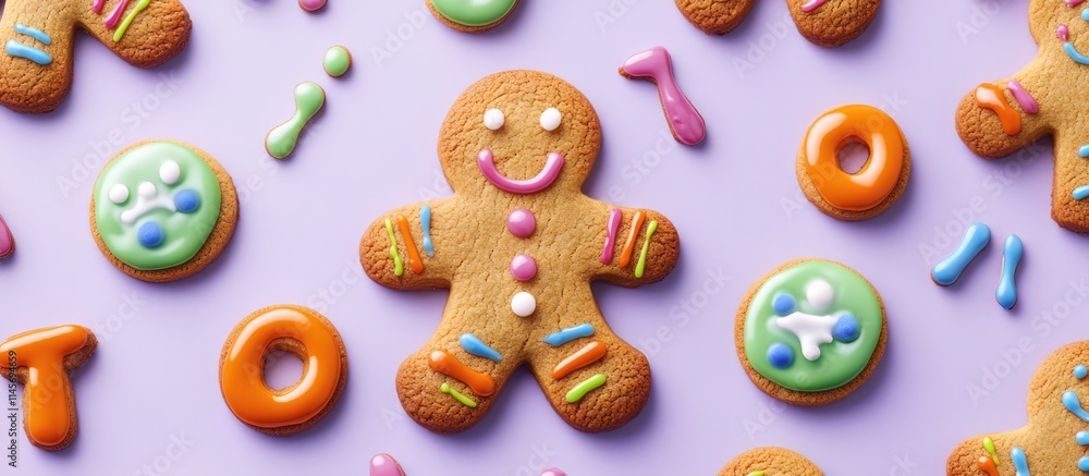 Poster colorful gingerbread cookie design with numeric decorations on pastel violet background creating a p