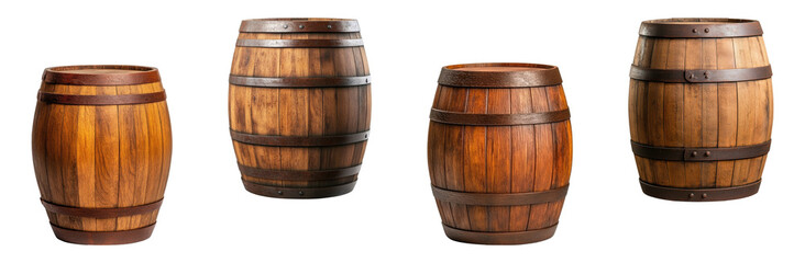 Obraz premium Set of wooden barrels isolated on transparent background