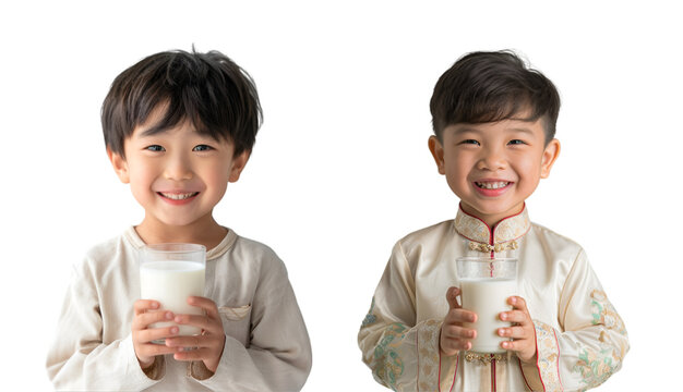The boy holds a glass of milk in his white upper hand