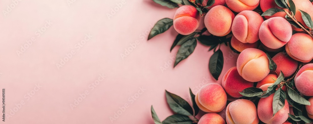 Poster peach tree abstract background idea. fresh peaches with green leaves on a soft pink background for s