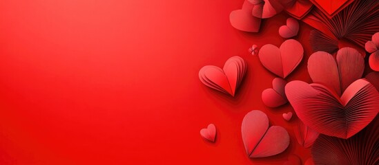 Colorful paper hearts artfully arranged on a vibrant red background perfect for Valentine's Day or romantic themes in graphic designs.