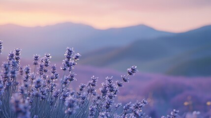 Fototapeta premium Vibrant lavender fields under a colorful sunset sky with mountains in the background, capturing serenity and natural beauty.