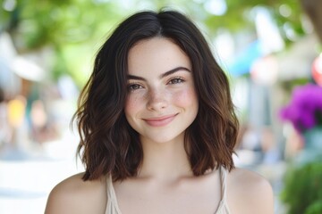 Fototapeta premium Natural Beauty Outdoors Smiling Woman with Natural Makeup and Wavy Hair in Sunlit Setting