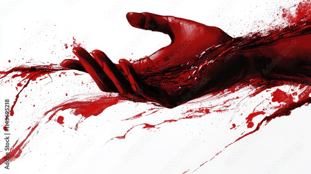 Poster dynamic red hand with flowing paint splashes on a clean white background creating an artistic and vi