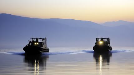 Rescue boats navigate through expansive waters, symbolizing hope and determination in the face of vast challenges.