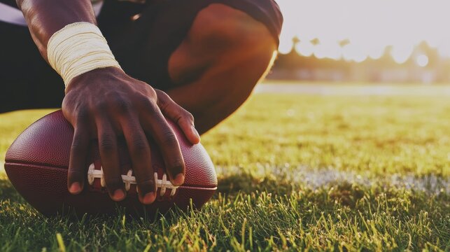 Football Player Ready for Action on Sunny Field in Late Afternoon Light