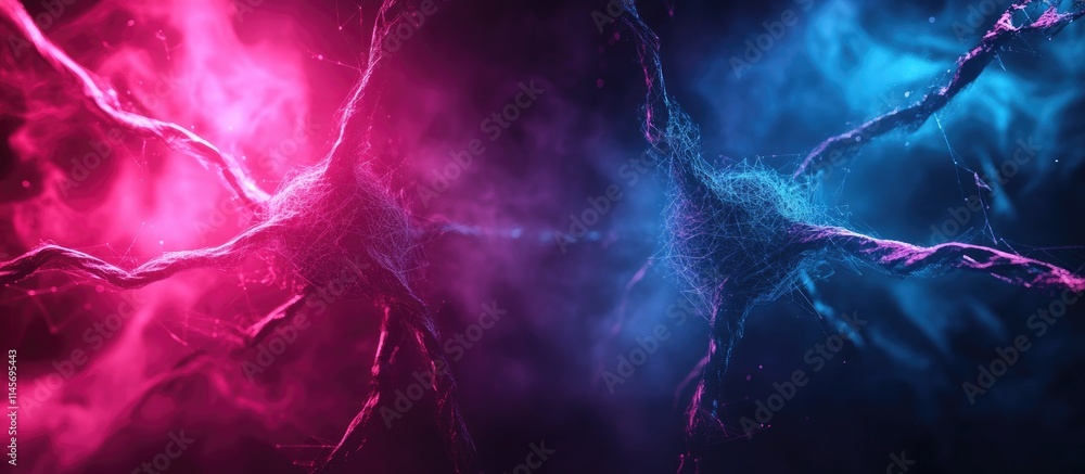 Poster network of connections on a vibrant blue and pink backdrop representing global data processing and d