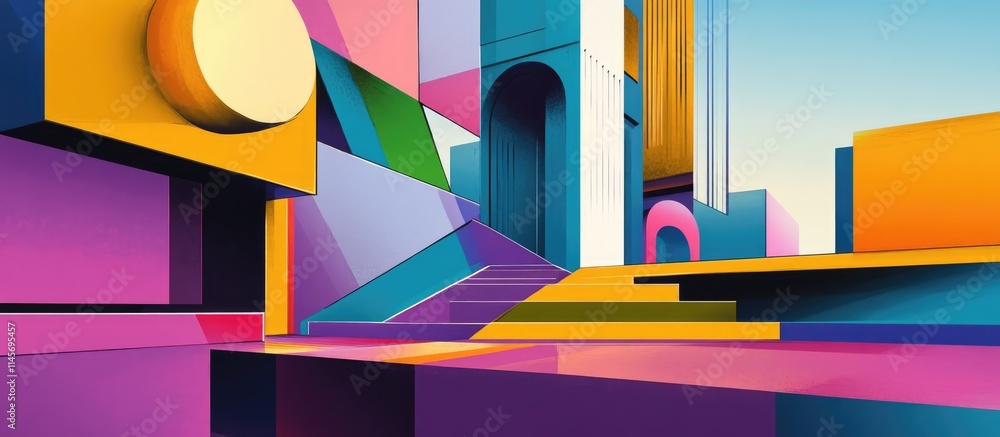 Poster vibrant abstract architectural composition with geometric shapes ideal for modern art and design app
