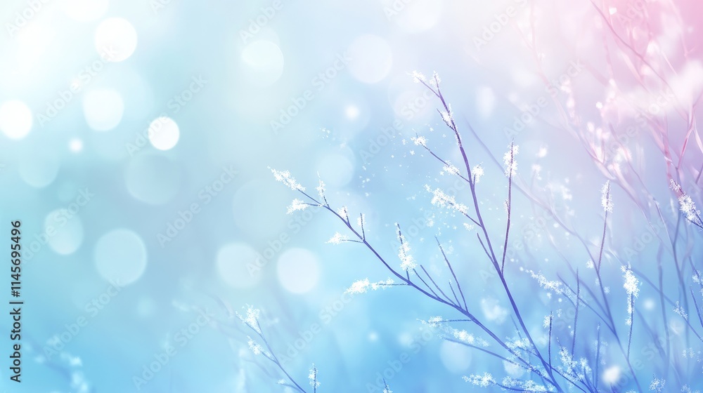 Poster delicate winter scene with snowy twigs and soft bokeh background in cool tones