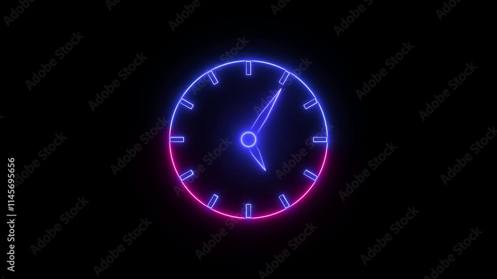 Poster blue and pink neon light analog clock animated on black background. simple clock icon animation.