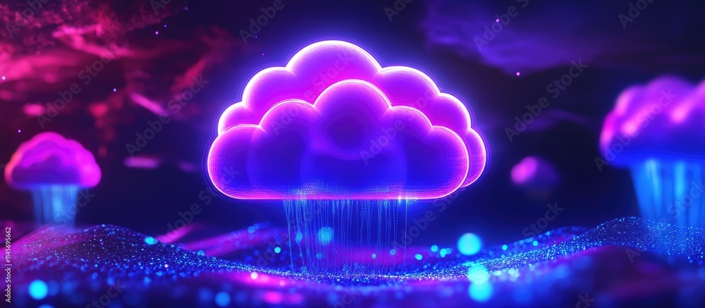 Poster vibrant cloud technology illustration showcasing data exchange and cloud computing concepts in a fut
