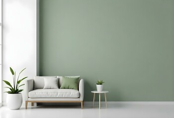 A minimalist living room with a pale green wall, a white sofa, and a small table with a potted plant.