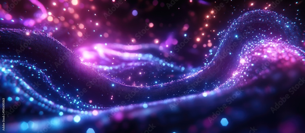 Poster vibrant abstract neon digital landscape with luminous particles creating an immersive virtual space 