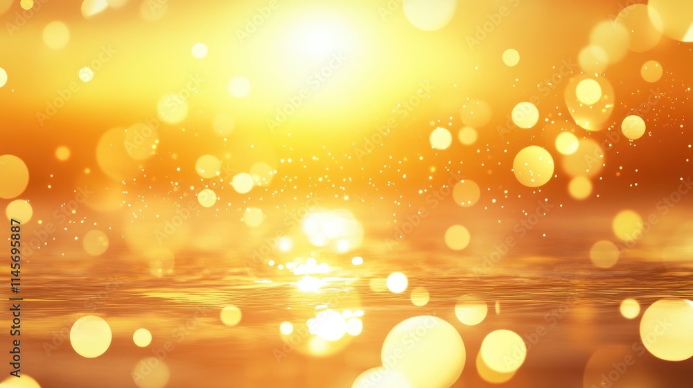 Poster golden sunset over a tranquil sea with bokeh effects creating a serene and warm atmosphere ideal for