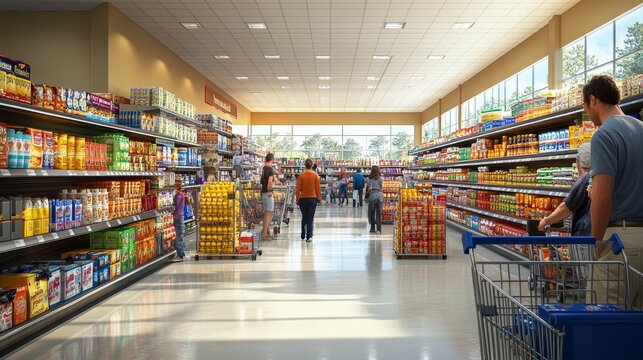 Colorful Aisle in Busy Supermarket with Shoppers and Products