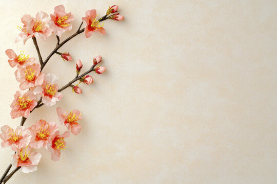 Beautiful pink cherry blossom branch against soft beige background, perfect for spring themes and floral designs. Ideal for invitations, cards, and decor