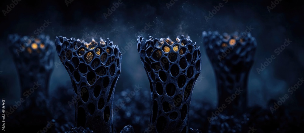 Poster 3d printed abstract sculpture showcasing intricate details and textures illuminated against a dark b