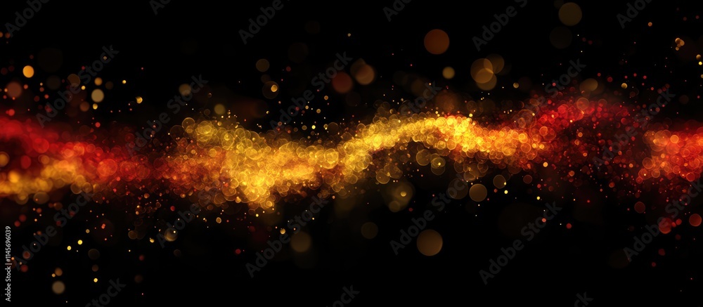 Poster abstract bokeh lights in vibrant yellow and red tones on black background creating a festive and tex