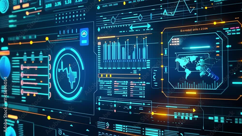 Poster complex digital interface showing global big data analysis with various charts, graphs, and indicato
