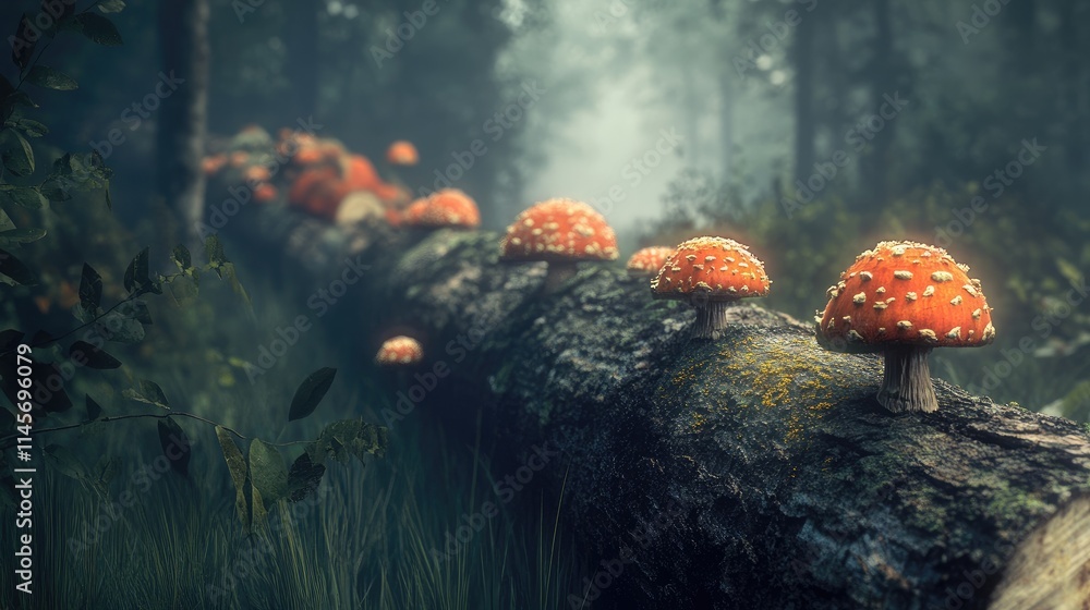 Poster mushrooms sprouting on weathered tree logs in a misty forest setting showcasing nature's intricate b