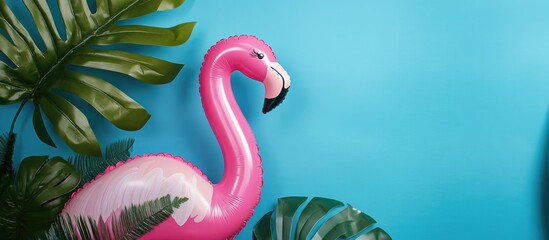 Naklejka premium Pink inflatable flamingo against a blue backdrop with monstera leaves summer vacation theme vibrant and playful summer decoration