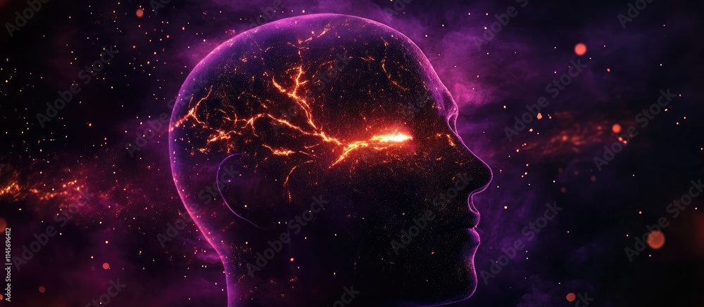 Poster abstract representation of a human head with glowing elements symbolizing creativity and consciousne