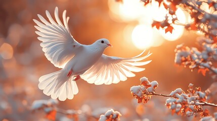 A white dove flies with leaves, symbolizing peace, hope, and new beginnings with purity, honesty, and freedom.