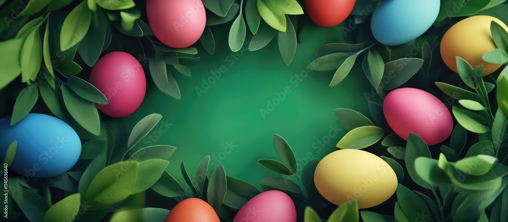 Poster easter frame composition with colorful eggs and greenery providing space for text in a vibrant sprin