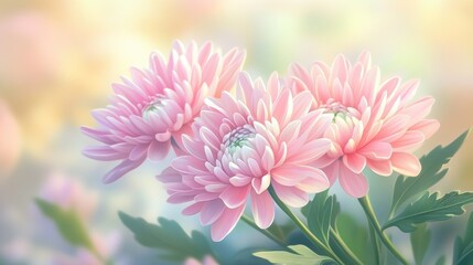 Pink chrysanthemums with white-tipped petals blooming gracefully amidst a soft blurred garden background in gentle light.