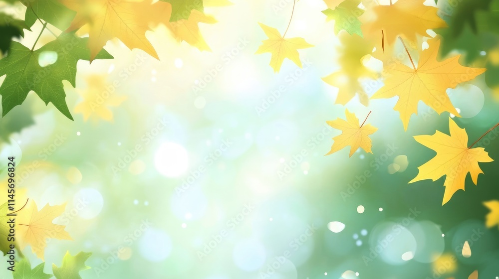 Aufkleber autumn bokeh background with yellow and green maple leaves creating a serene seasonal atmosphere in 
