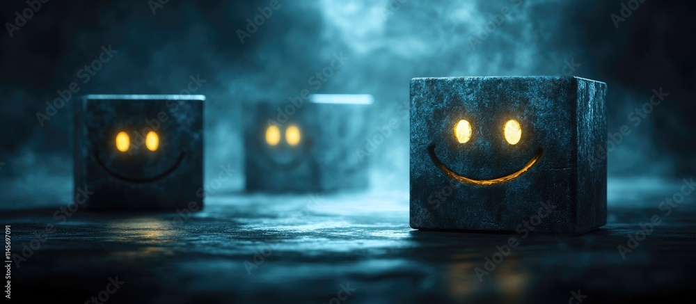 Poster humorous dark cubes with smiley faces illuminated against a moody backdrop representing concepts of 