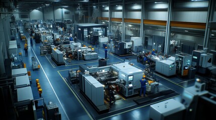 Naklejka premium Busy Industrial Plant with Workers in Safety Gear Operating Equipment