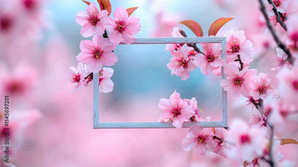 Poster peach tree abstract background idea. delicate pink flowers with a decorative frame, creating a seren